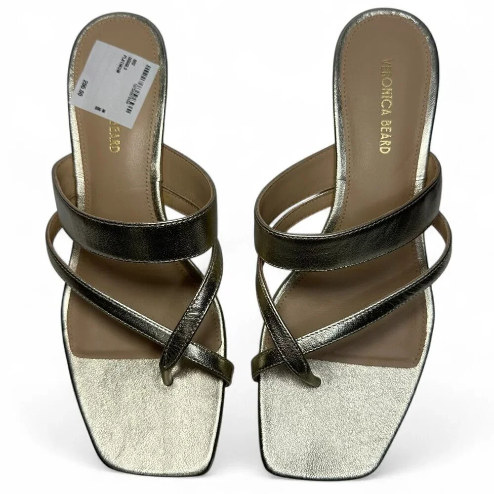 VERONICA BEARD Alanis Strappy Slip On Mid Heel Sandals, Gold, Size 8, NWOB